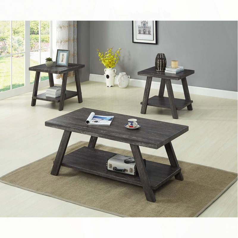 Ensemble de 3 tables basses grises avec tablette de rangement intégrée