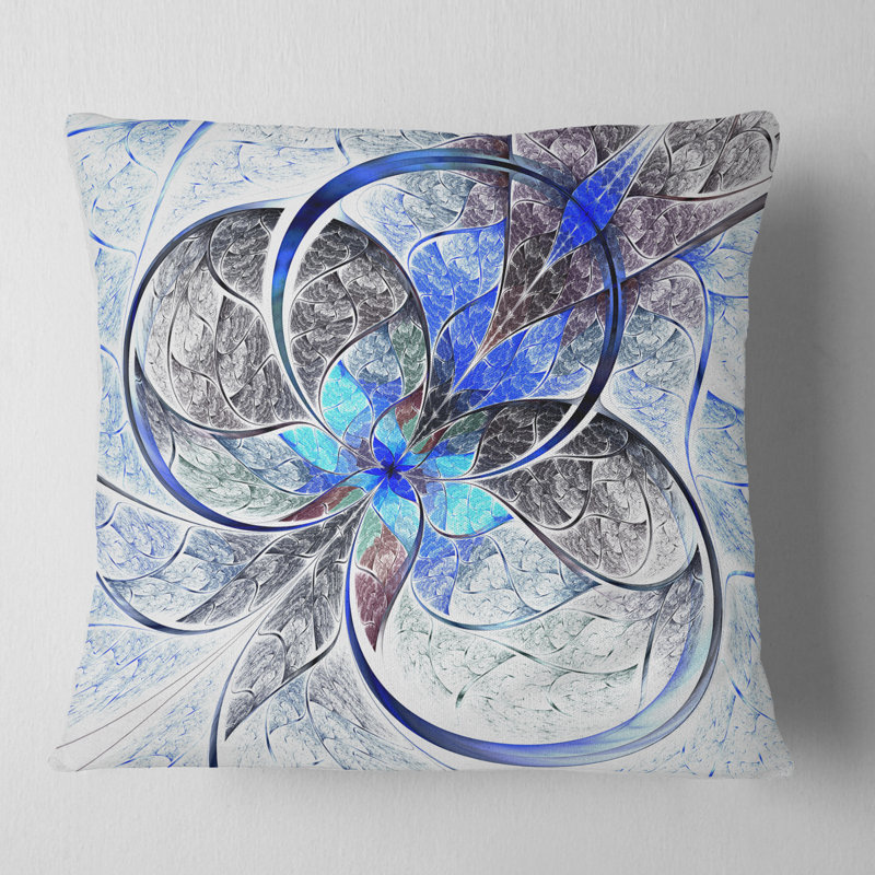 Fleur symétrique bleue fractale - coussin imprimé abstrait, 16 po x 16 po, Coussin décoratif