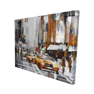 Abstract City Street Canvas | Taxis & Orange Building Decor