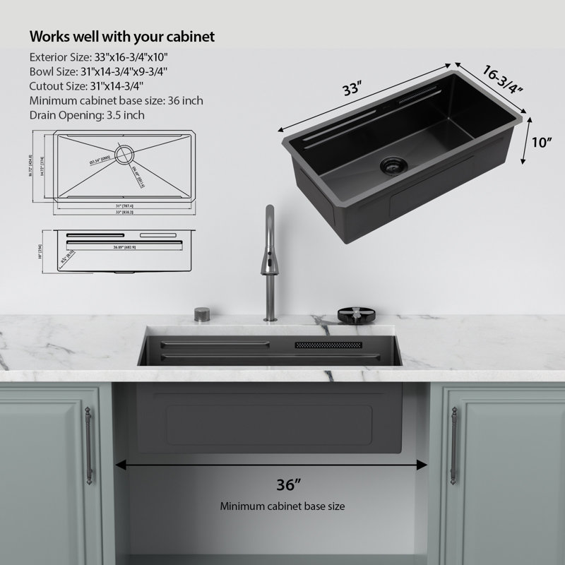 Évier de cuisine encastrable 33 po x l 19 po avec robinet cascade, robinet de cascade, robinet à cascade, passoire, planche à découper, crépine et support à enroulement