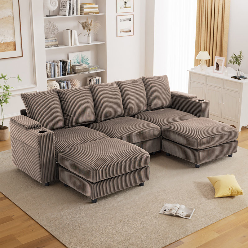 109 Inch Wide Corduroy Modular Sectional Sofa with Ottomans and Cup Holders, Brown