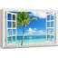 Fenêtre, paysage, magnifique paysage / palmier sur une plage tropicale, impression sur toile tendue-98466517