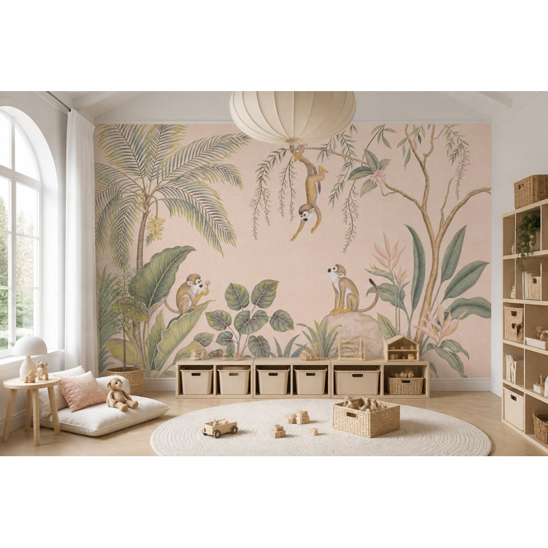 Papier peint tropical Jungle Monkeys, 200 po x 120 po, Peler et coller
