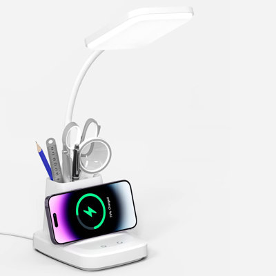 Lampe de bureau avec chargeur sans fil - lampes de bureau à DEL avec porte-stylo, 800LM, 3 modes de couleur, bras flexible, lampes de table attentionnées (carré blanc neige)