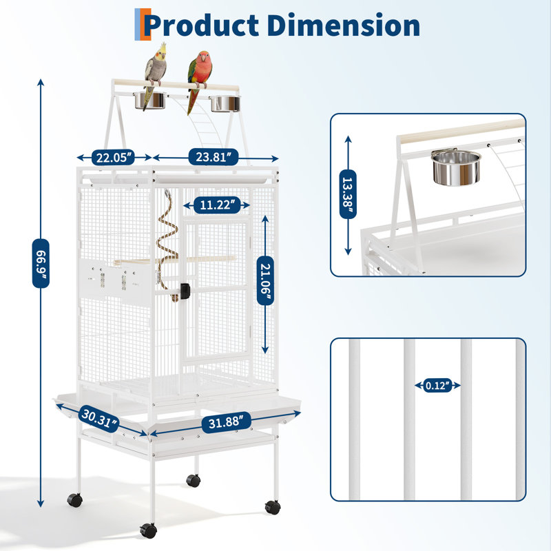 Cage à perroquet 67 po avec support roulant, cage en fer forgé Conure, cage à oiseaux en métal blanc pour petits oiseaux moyens