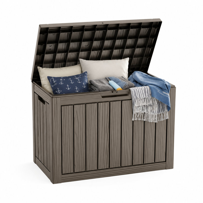 45 Gal (170L) Weatherproof Resin Deck Storage Box, Woodgrain Effect, Easy Assembly, Gray