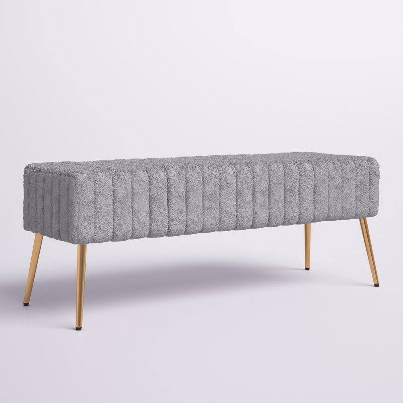Banc capitonné Julietta avec tissu Sherpa doux et pieds modernes en métal, Gris clair