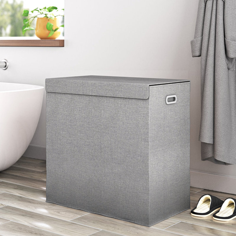 Double Laundry Basket with Lid-Collapsible Two-Sided Clothes Hamper with Removable Mesh Liner Bags