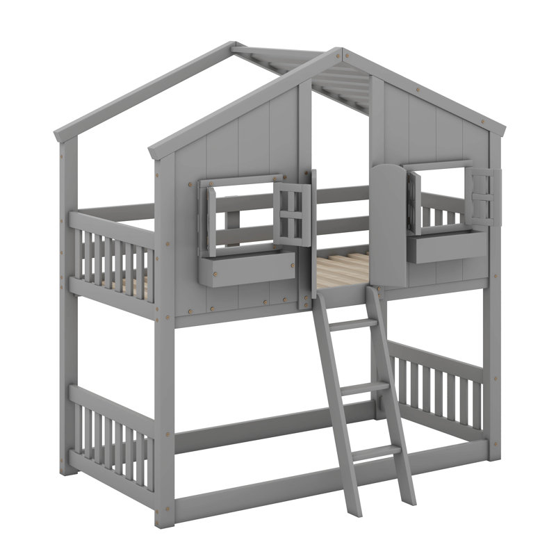 Twin Over Twin House Bunk Bed With Roof, Windows, Gray