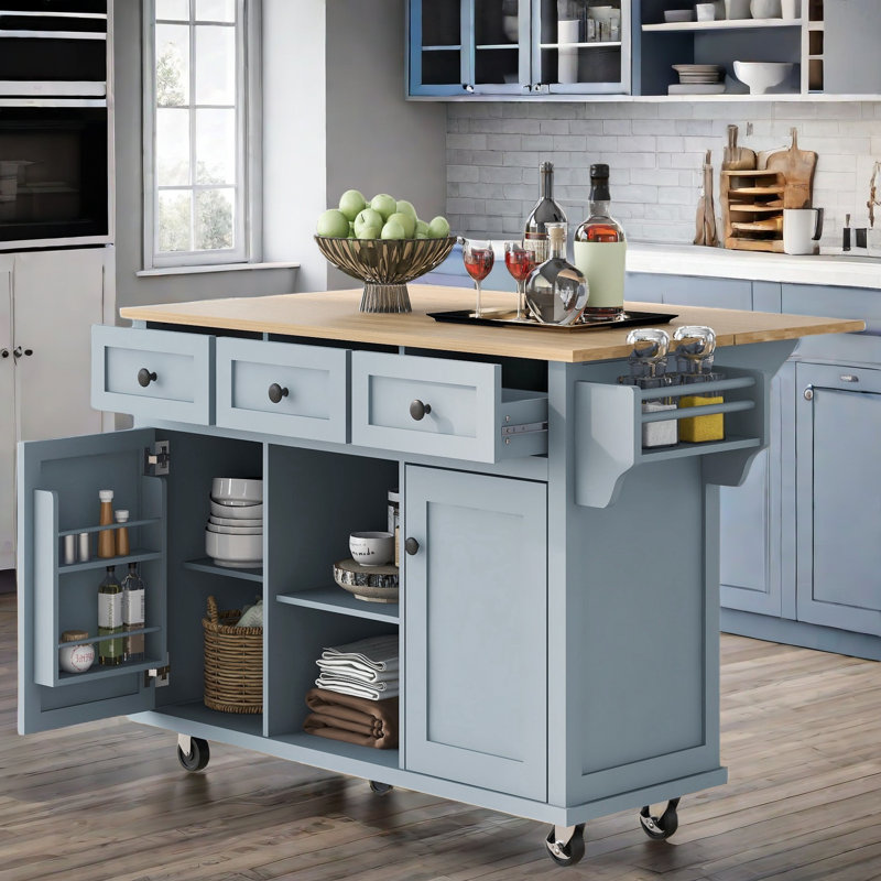 Kitchen Island With Drop-leaf Countertop, 5 Wheels, Storage Cabinet, Open Shelves And 3 Drawers, Blue
