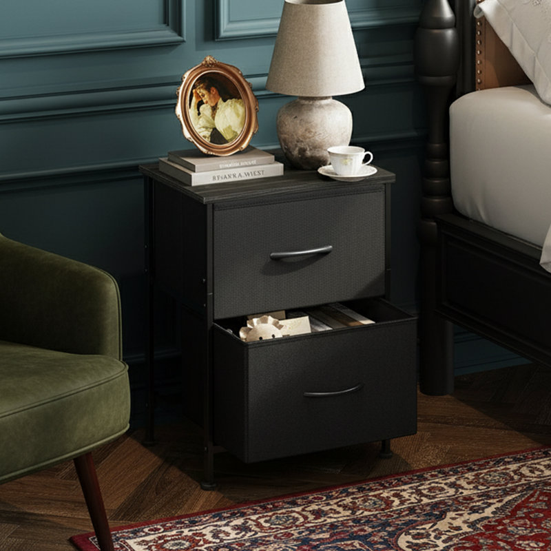 Table de chevet 2 tiroirs l 15,7 po - Bacs en tissu noir, plateau en bois - Rangement à structure en acier, Noir