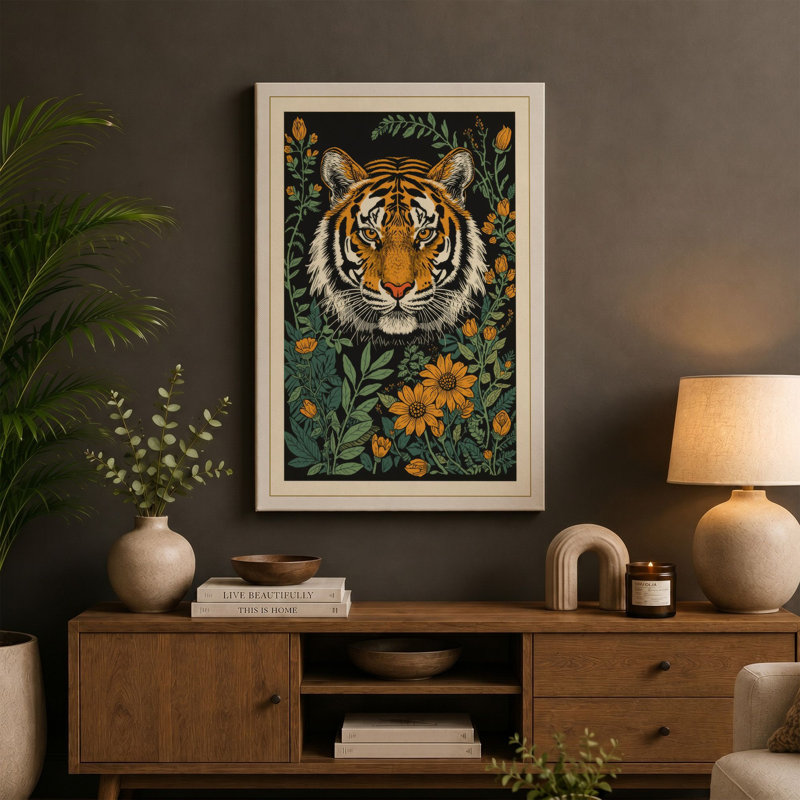 Tiger in the Flowers Botanical - Wrapped Canvas, 36x24 - 91.4 x 61.0 cm, Ochre Border