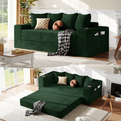 77" Corduroy Boneless Convertible Sofa Bed with Cup Holders and Side Pockets,Green