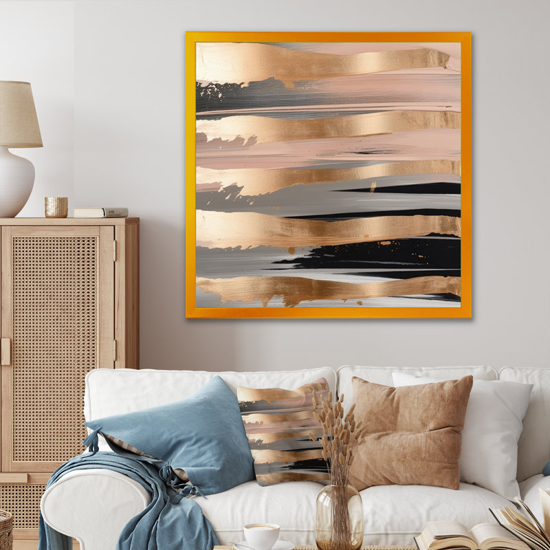 Impressions sur toile abstraites dorées et roses II, L 30 po x H 30 po, Encadrement doré