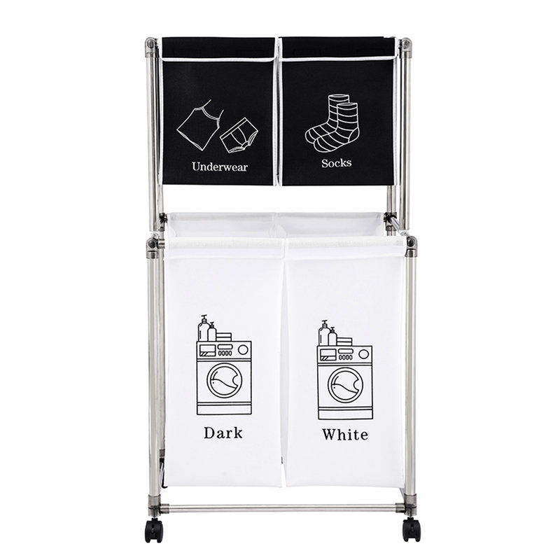 Laundry Basket With 4 Removable Bags, 2 Tier Structure, Four Wheels, Strong Frame, Sort Attire By Different Colors And Dark