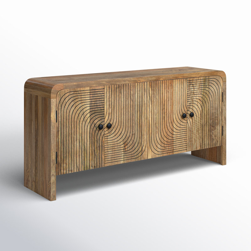 Neutral Textured Mango Wood 30" Carved Front Waterfall Edge Sideboard in Brown - 63" x 16" x 30"