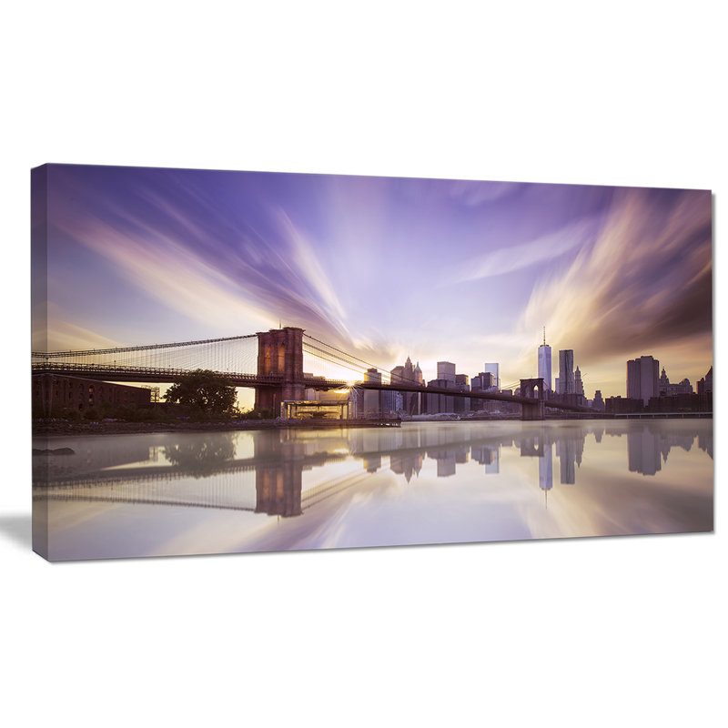 Impression d’art graphique sur toile tendue mauve ciel au-dessus de brooklyn bridge, H 16 po x l 32 po x P 1 po