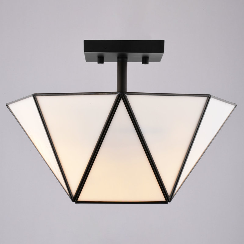 Burnett 2-Light 14 In. Wide Mid-Century Modern Bowl Semi Flush Mount Lighting Fixture, White Opal Tiffany Glass Shade, Dimmable LED Compatible For Low Ceilings, Bedroom, Hallway, Kitchen, Entryway