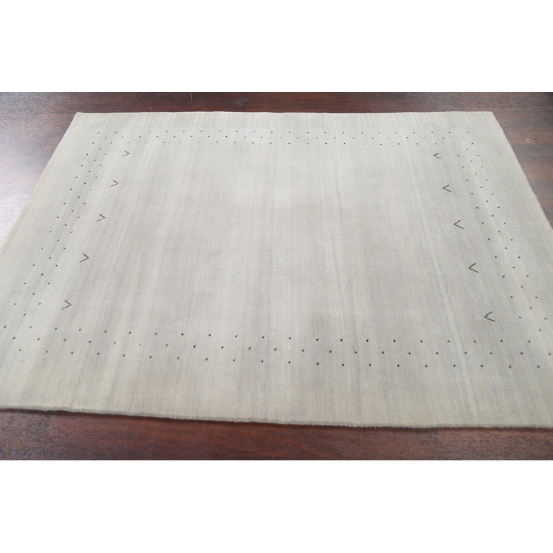 Tapis décoratif gris en laine de conception unique 4 pi 7 po x 6 pi 4 po noué à la main New Age