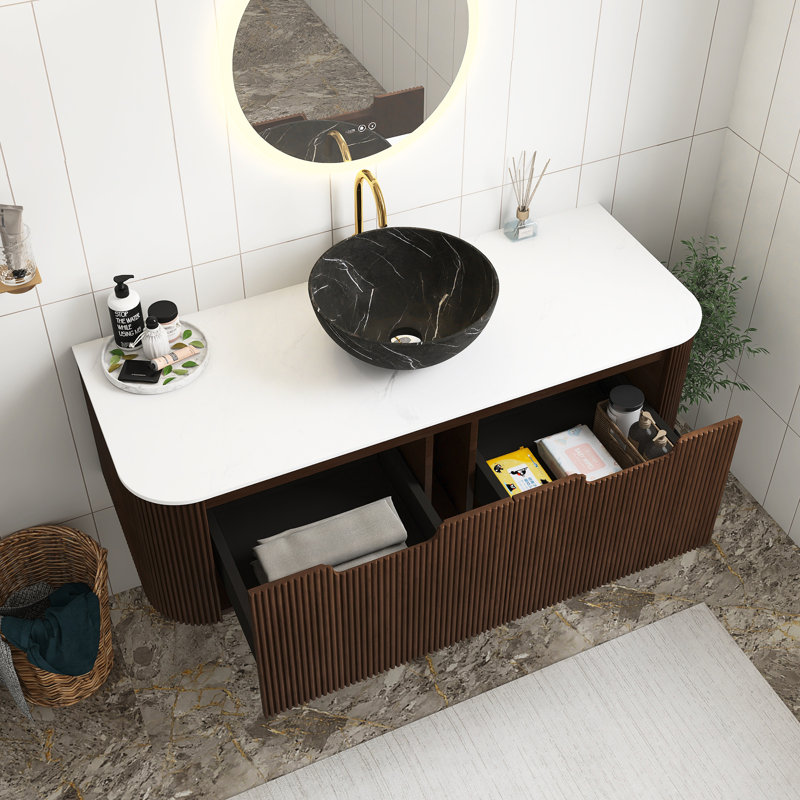 Meuble-lavabo de 48 po de couleur noyer foncé avec lavabo, armoire de rangement murale à bords arrondis flottants et rayés avec 2 tiroirs, vasque en céramique noire avec motif en pierre, pré-assemblée