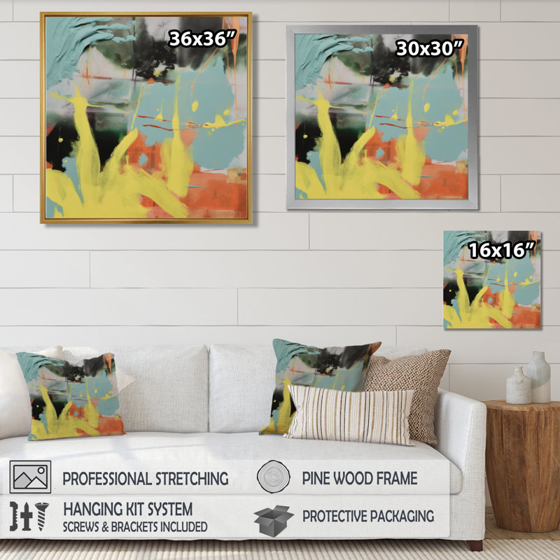Dada Joyful Motion - Abstract Wall Art Living Room, Toile avec cadre flottant noir, H 16 po x l 16 po x P 1 po