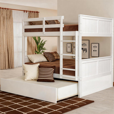 Trundle Bunk Bed, Full Over Full Wood Bunk Bed With Twin Size Trundle, Guardrail And Ladder, Can Be Separated Into 2 Beds, Space-saving Bunk Bed For Kids Teens Adults,white
