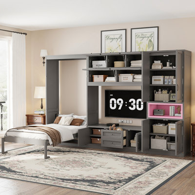 Lit escamotable simple en bois avec meuble télé, 2 tiroirs, tablettes et armoires, gris