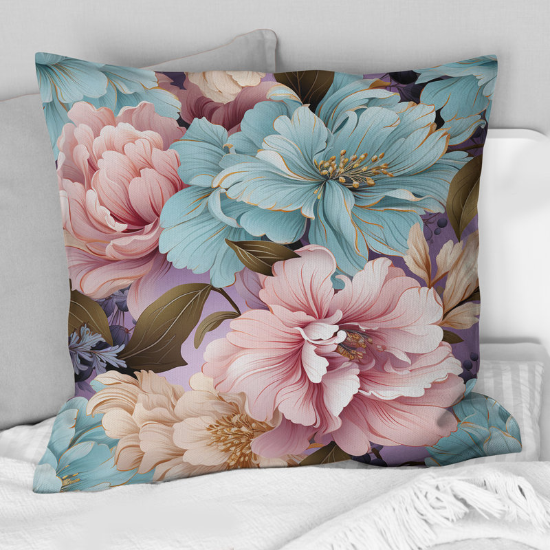 Coussin décoratif imprimé de fleurs de pivoines bleues et roses I, H 16 po x l 16 po
