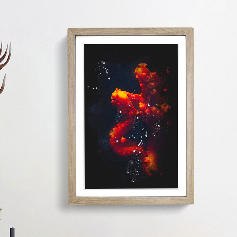 Red Octopus - Picture Frame Graphic Art Print, 63cm H x 45cm W x 2cm D, Oak Framed