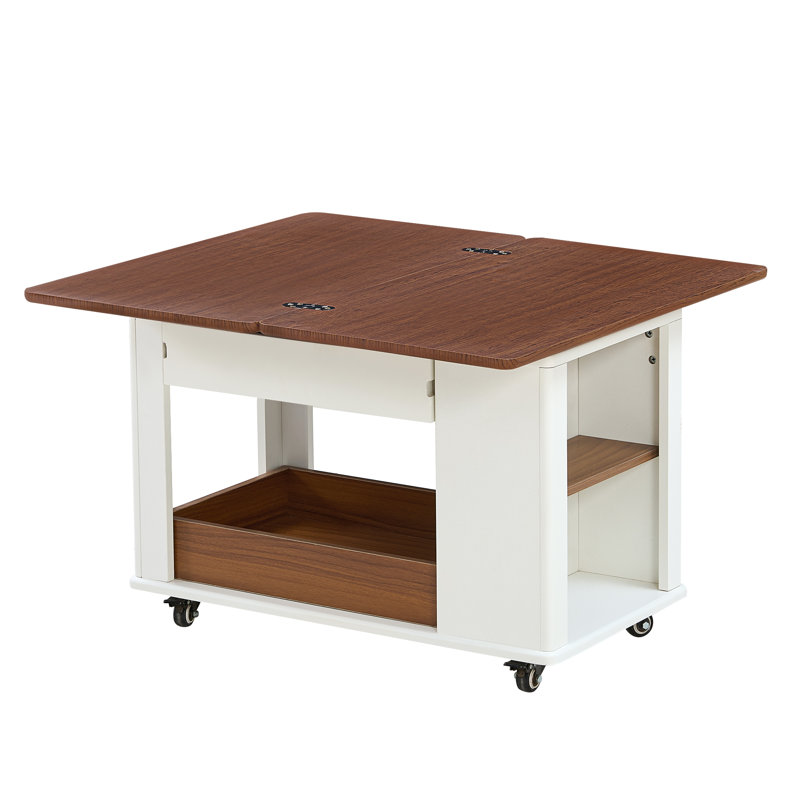 Table basse / d'appoint moderne 27,6 pouces en noyer blanc multifonctionnel - plateau pliable, roulettes et rangement à plusieurs niveaux, meubles décoratifs peu encombrants.