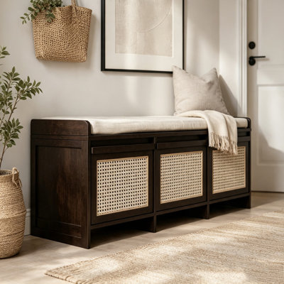 Banc de rangement pour chaussures de 48 po, banc de rangement rétro avec tiroirs en rotin et coussin amovible rembourré à boutons