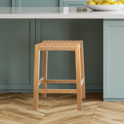 Alaterre Furniture Newport Collection Bar Stool with Handcrafted Woven Rope Seat - 24-Inch Counter Height Stool for Kitchen, Bar, or Dining Room - Wood Barstools (Natural)