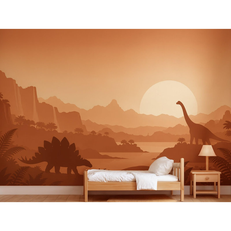 Dinosaur Valley Earth Wallpaper Mural, Peel and Stick Kids Room Wall Mural, Layered Silhouette Landscape Nursery Wallpaper