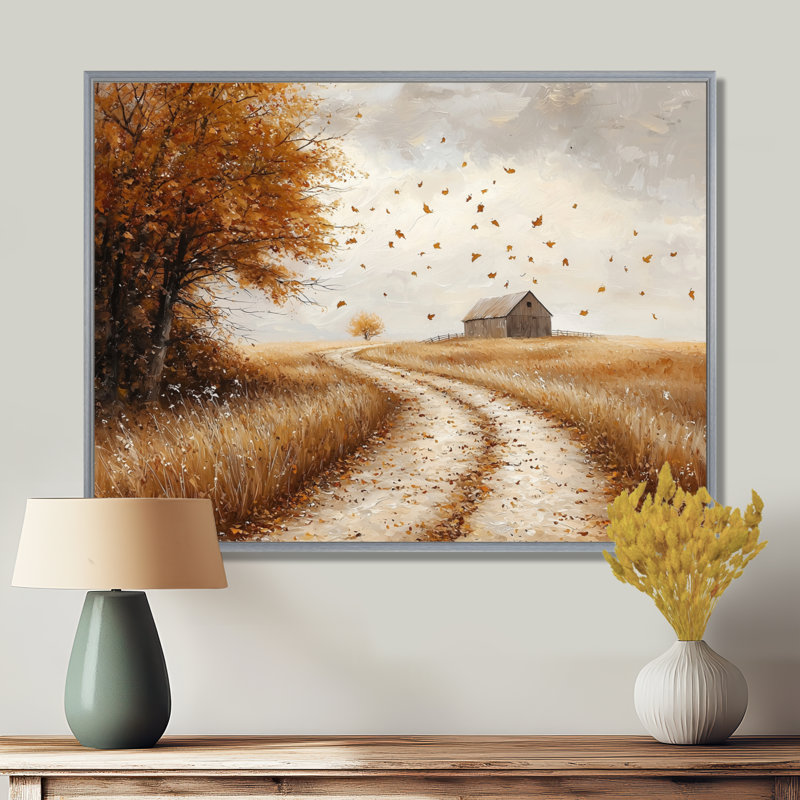 Drews Windy Prairie Leaves Path To The Barn II - feuilles, art mural, Argent argent, H 30 po x l 40 po