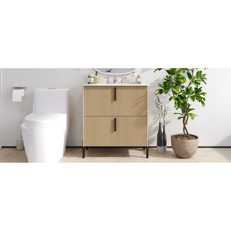 Meuble-lavabo de 76 cm (30 po), lavabo en céramique, tiroirs extensibles, coulisses encastrées à fermeture amortie, design cannelé, aspect naturel, décor moyen, agencement unique des tiroirs de rangement.