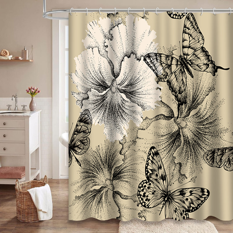 Rideau de douche à motif floral avec 12 crochets, L 72 po x l 84 po
