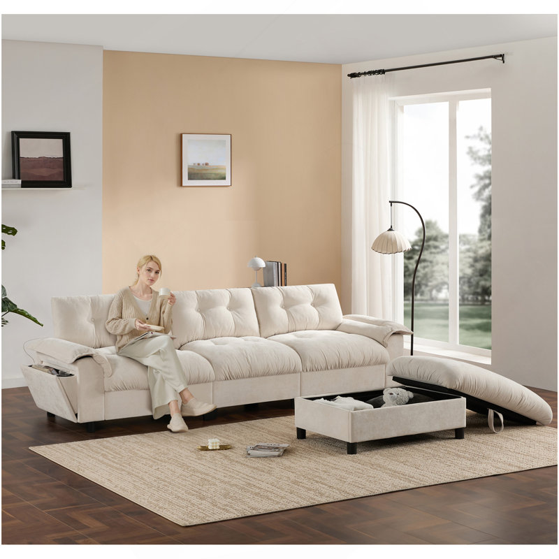 Canapé modulaire de 104 po x 60 po, en forme de L avec accoudoirs multifonctionnels, double port de charge, porte-gobelet, poches de rangement latérales, repose-pieds de rangement mobile, conception capitonnée unique, coussin moelleux, chenille, 3 couleurs