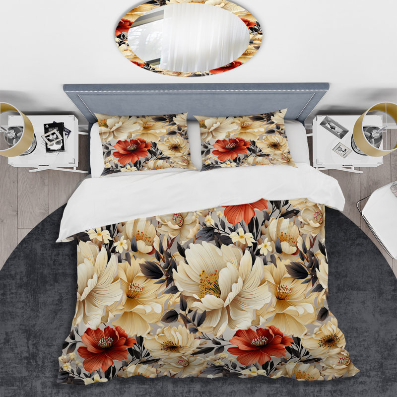 Mosaic Beige and Orange Botanicals - Ensemble de housse de couette floral - Polyester microfibre