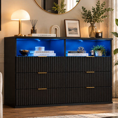 Fluted Dresser With 6 Drawers, Modern Black Dresser With Led Lights, Charging Station, Curved Tabletop, For Bedroom,living Room, Hallway