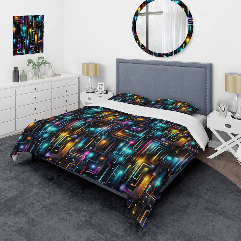 Ensemble de housse de couette Neon Futuristic Cubic Mirage - Geometric, Housse de couette pour grand lit et 2 taies décor