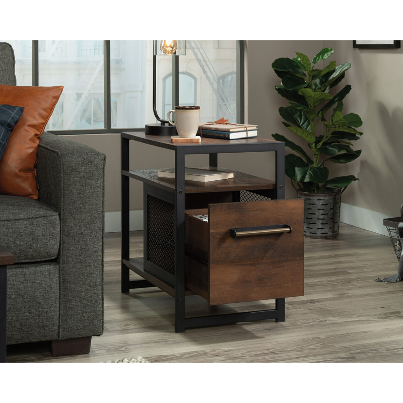 Barrel Oak and Metal Frame Nightstand with Drawer