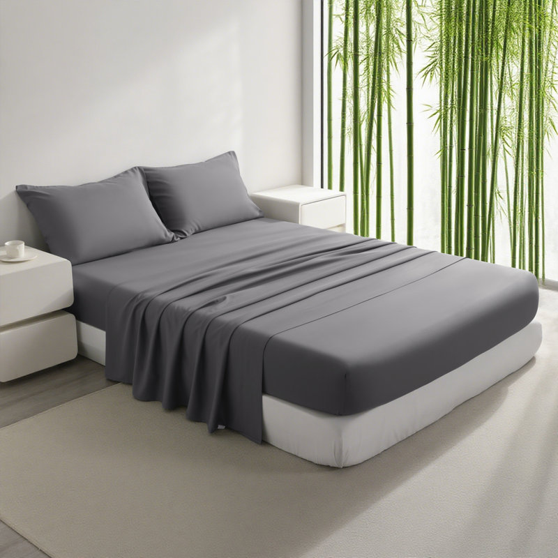 Ensemble de draps en bambou Cooling, Gris, Ensemble de draps pour grand lit avec 2 taies d'or