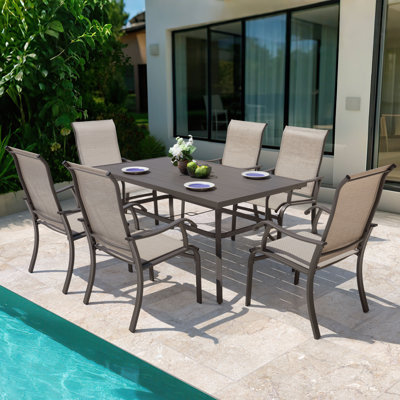 Patio 7-piece PVC-coated polyester Dining Set With Umbrella Hole, Beige And Gray