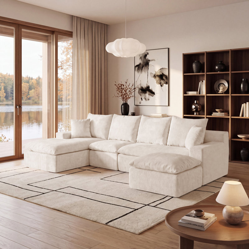 Canapé d'angle modulaire en forme de L de 235 cm (92,5 po), en chenille avec ressorts ensachés, 2 pièces, canapé moderne à assise profonde, canapés rembourrés pour salon, couleur crème