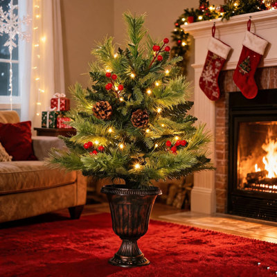 Sapin de Noël artificiel pré-illuminé de 60 cm avec 40 lumières DEL blanc chaud, pommes de pin et baies rouges, décoration de table pour les fêtes, utilisable à l'intérieur comme à l'extérieur.