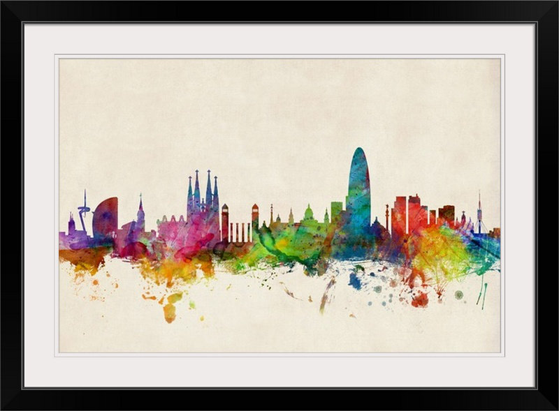 «Barcelona Espagne Skyline» par Francy, impression, Cadre noir, H 20 po x l 26 po x P 1 po