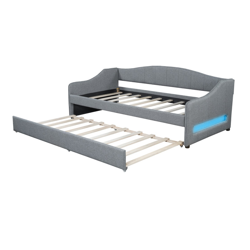 Upholstered Twin XL Size Daybed with LED Belt and Trundle, Gray