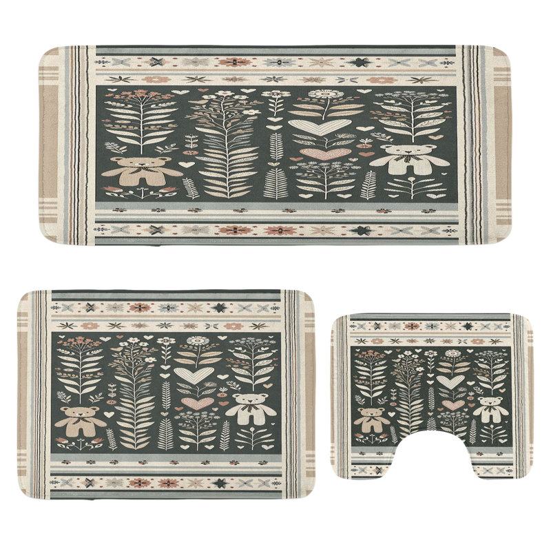  Neutral Bathroom Rug Set 3 Pieces U-Shape & Rectangle Mats Grey Tan and Ivory