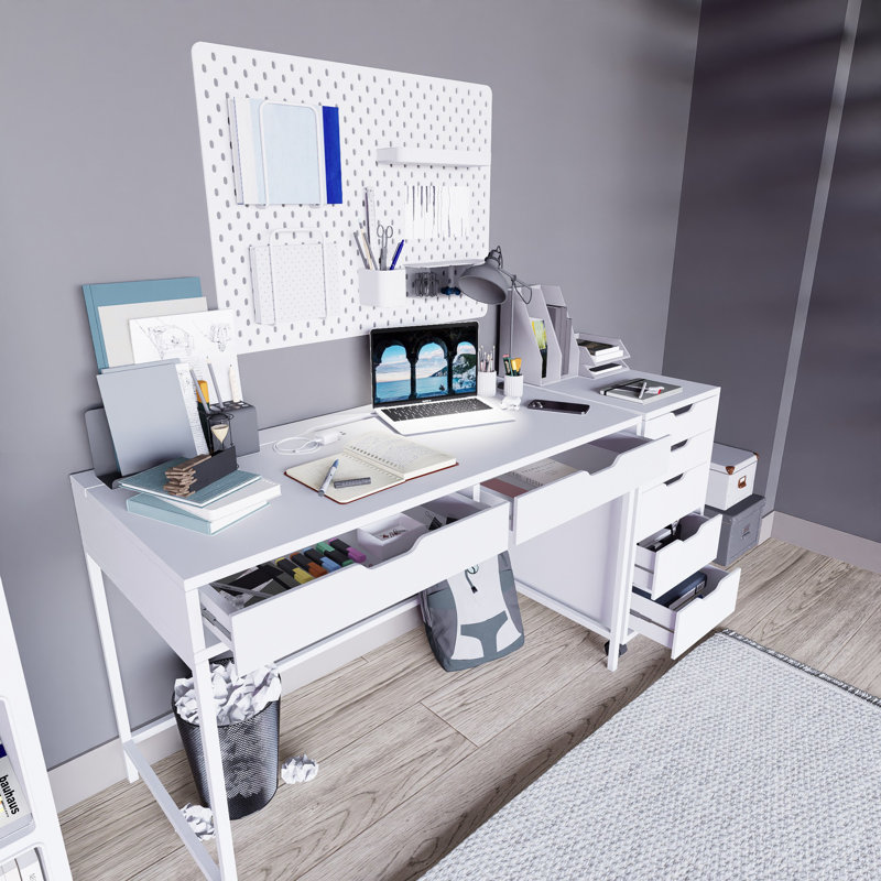 Bureau d'étude blanc moderne | 100% panneau de particules enduit de mélamine, épaisseur: 0,7 pouce | Conception élégante pour les bureaux à domicile et les espaces d'étude, solution de travail durable et élégante