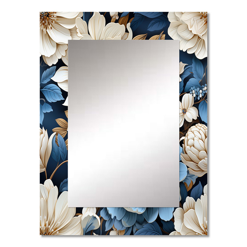 Bleu et blanc, toile florale exotique - miroir décoratif floral, miroir mural de maison de campagne, impression d'art en métal